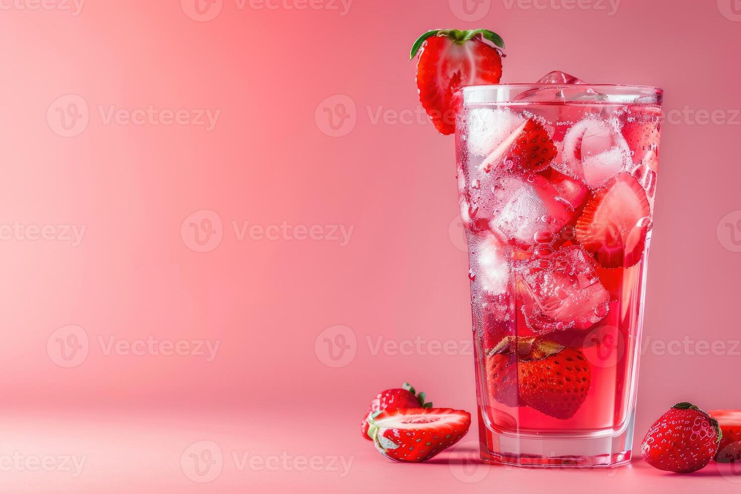 Strawberry Drink with Ice and Fruit Garnish on Pink Background photo