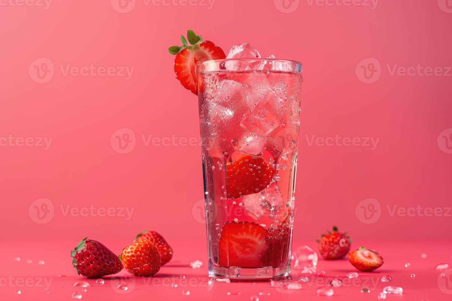 Strawberry-infused Sparkling Drink in a Tall Glass with Ice photo