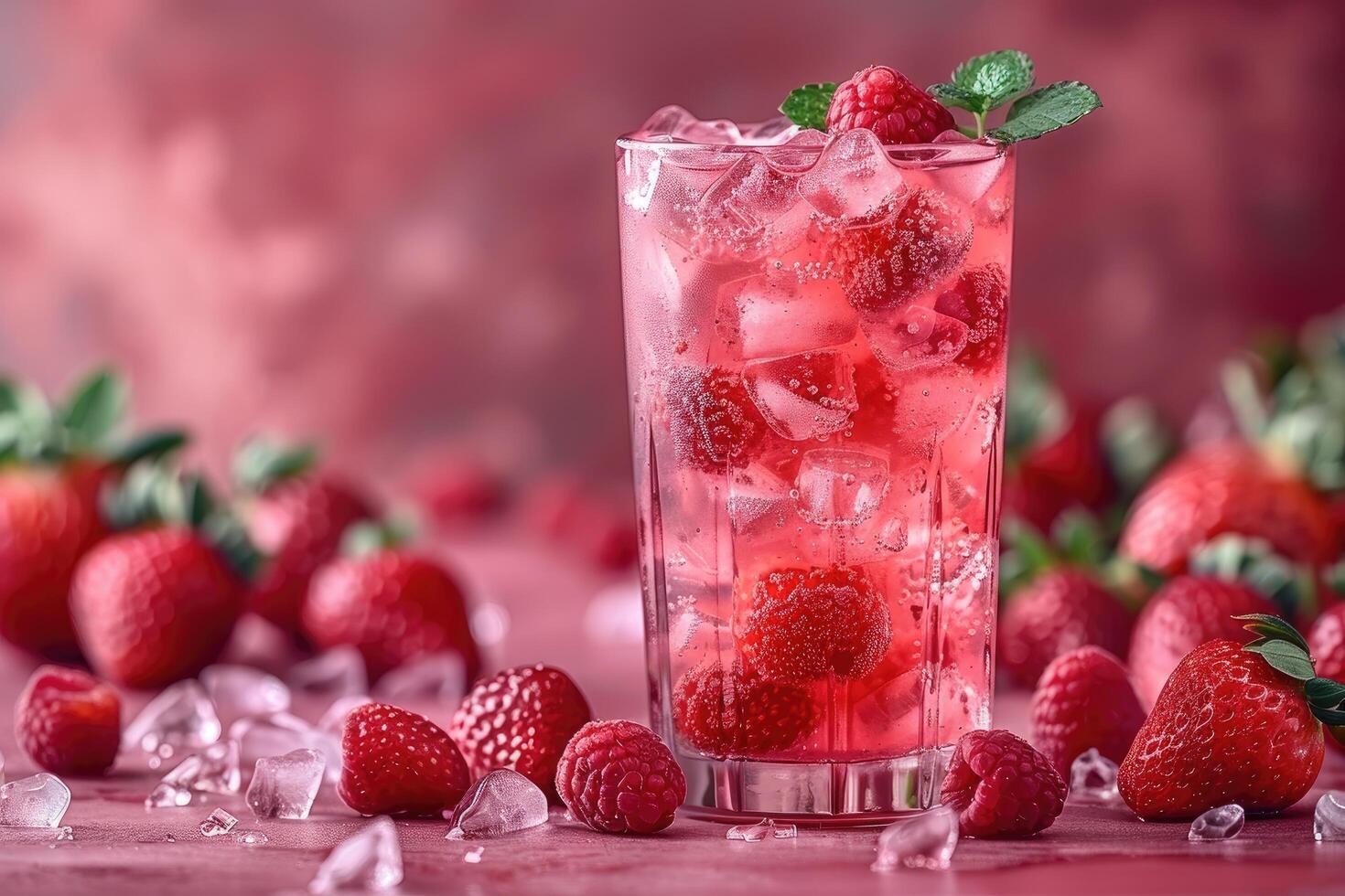 Refreshing Raspberry and Strawberry Drink with Ice Cubes photo
