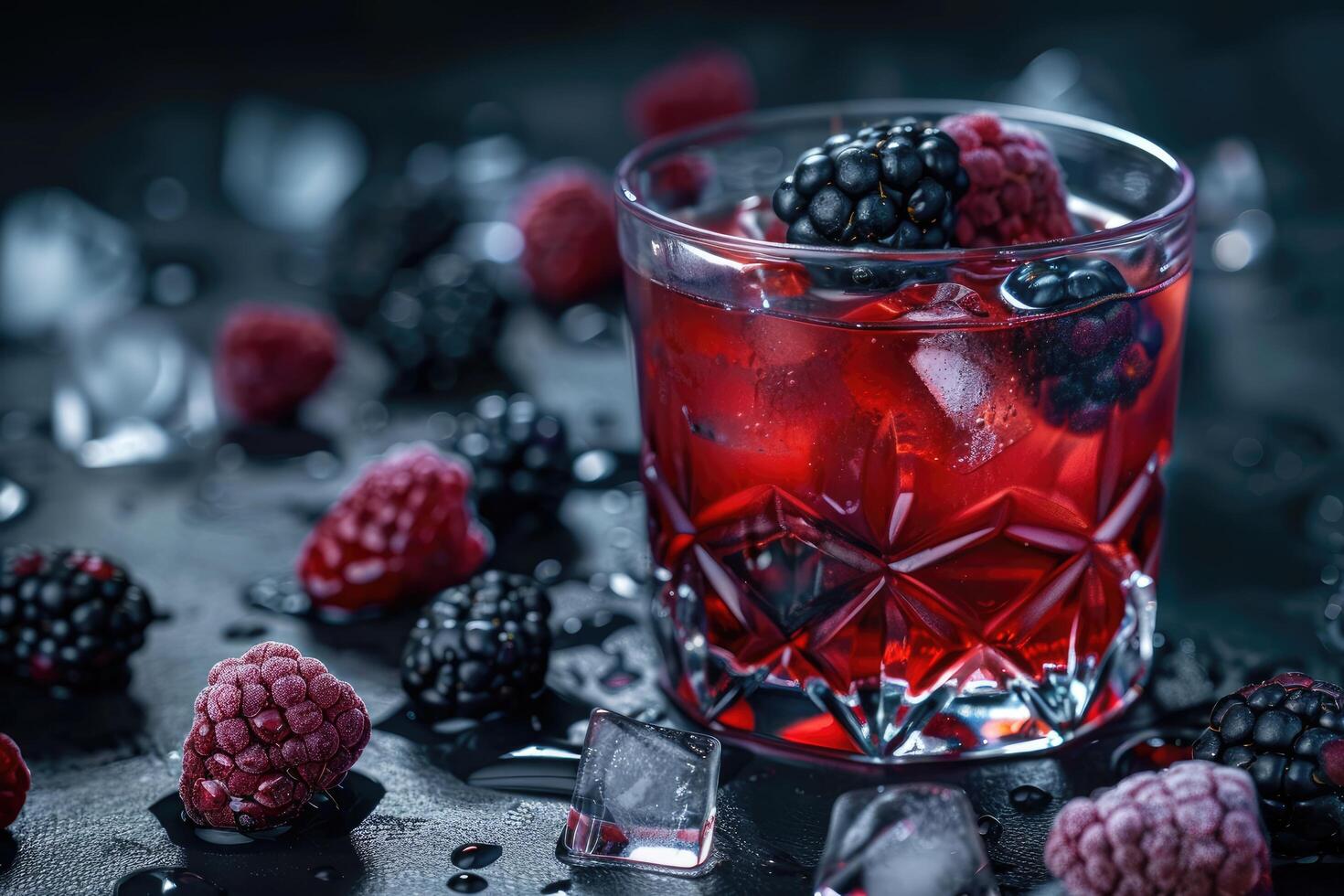 A glass of red berry juice with ice cubes and fresh blackberries and raspberries photo