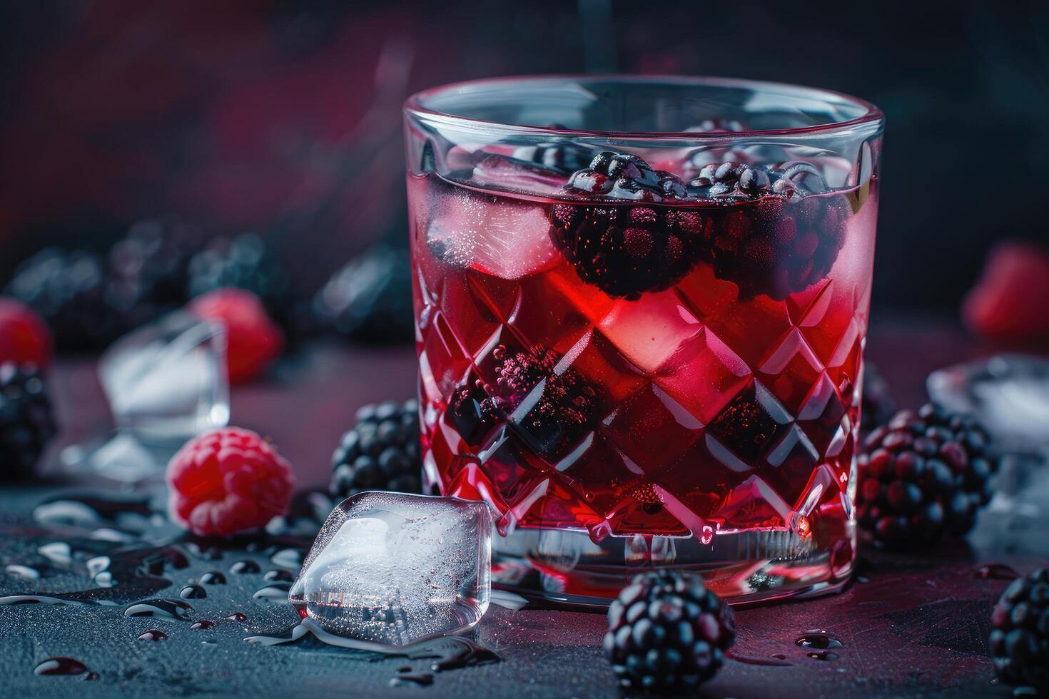 Blackberry and Raspberry Infused Red Drink with Ice Cubes photo