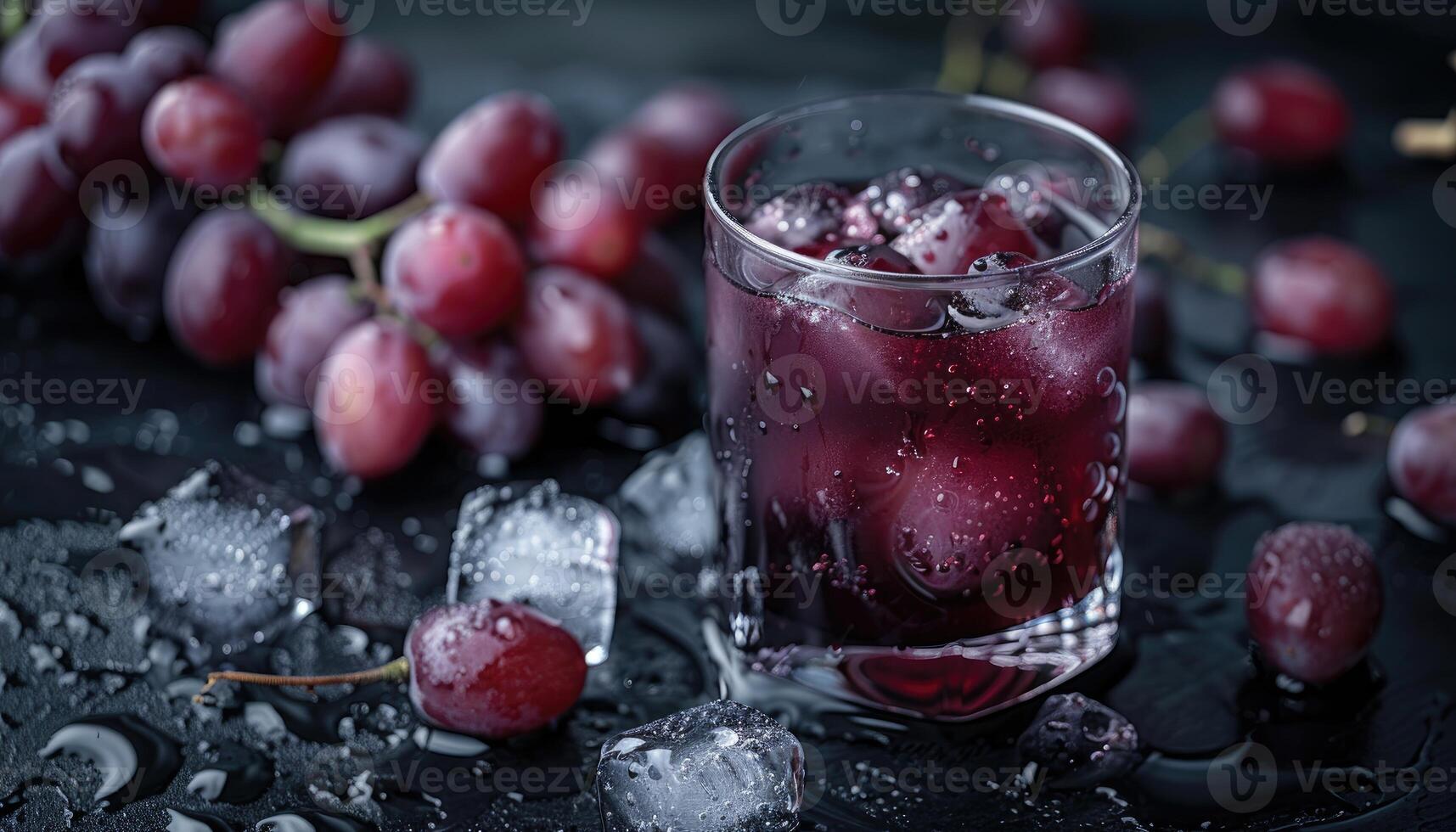 A Glass of Red Grape Juice with Ice Cubes and Grapes photo