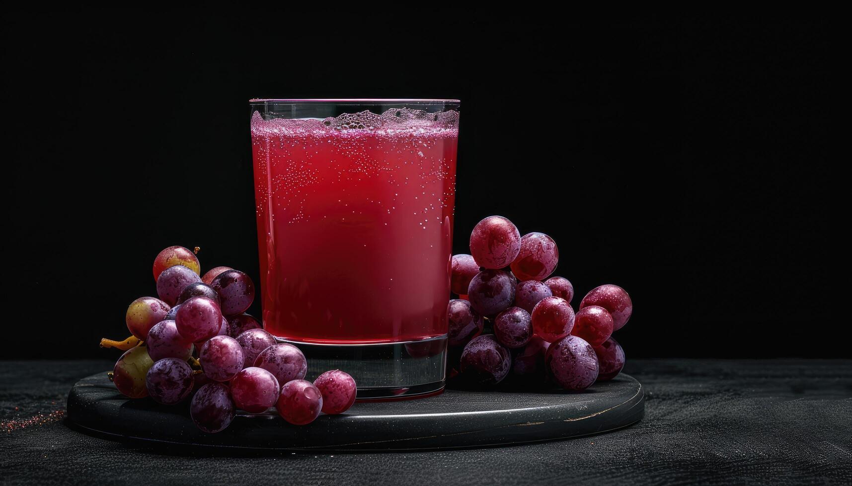 Glass of Red Grape Juice with Fresh Grapes on a Black Surface photo