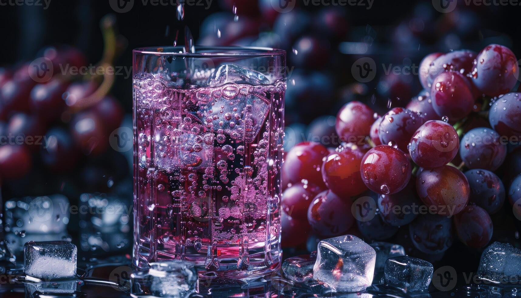 A Glass of Refreshing Grape Juice with Ice Cubes and Fresh Grapes photo