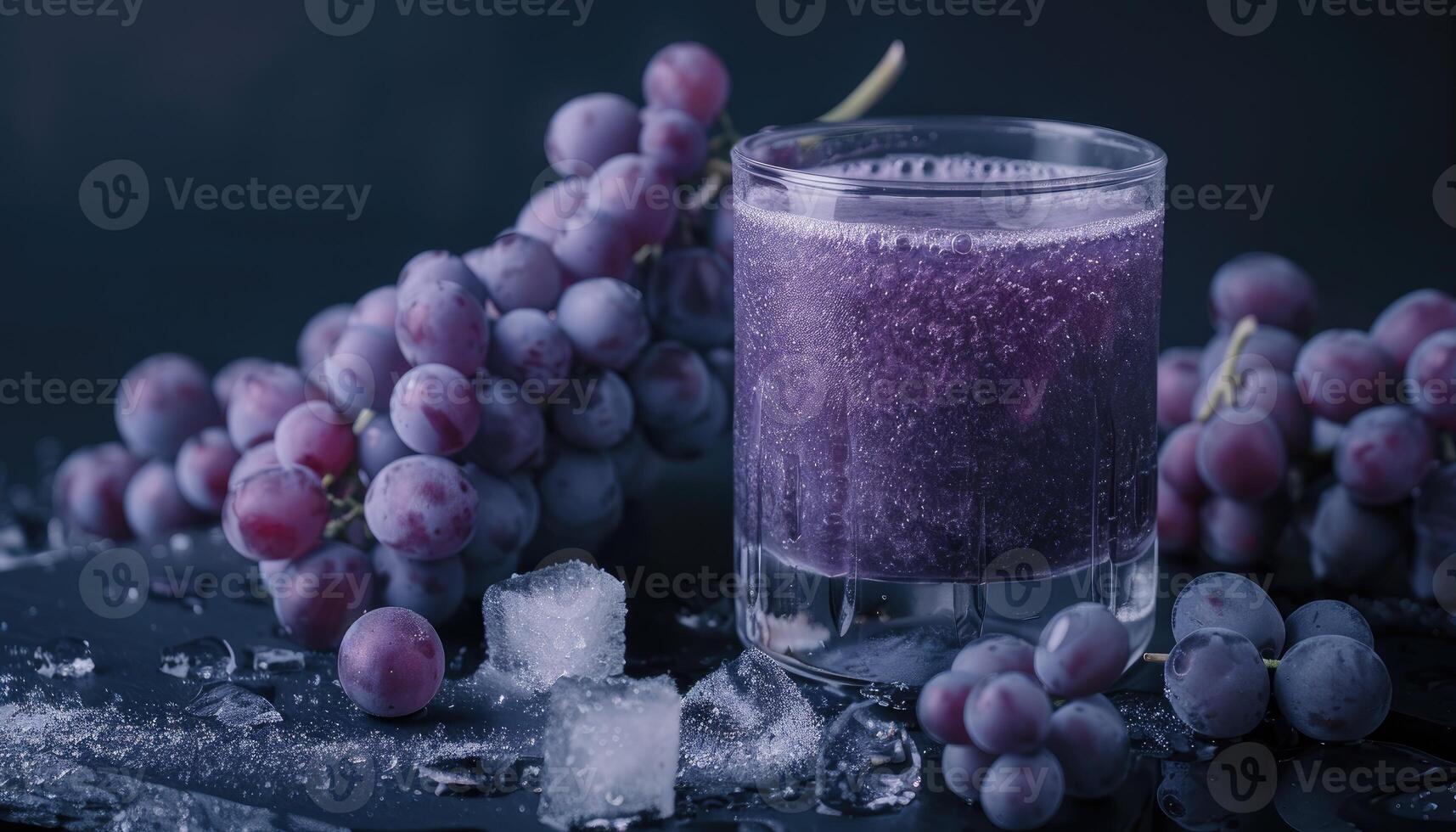 Grape Juice with Grapes and Ice Cubes on a Dark Surface photo