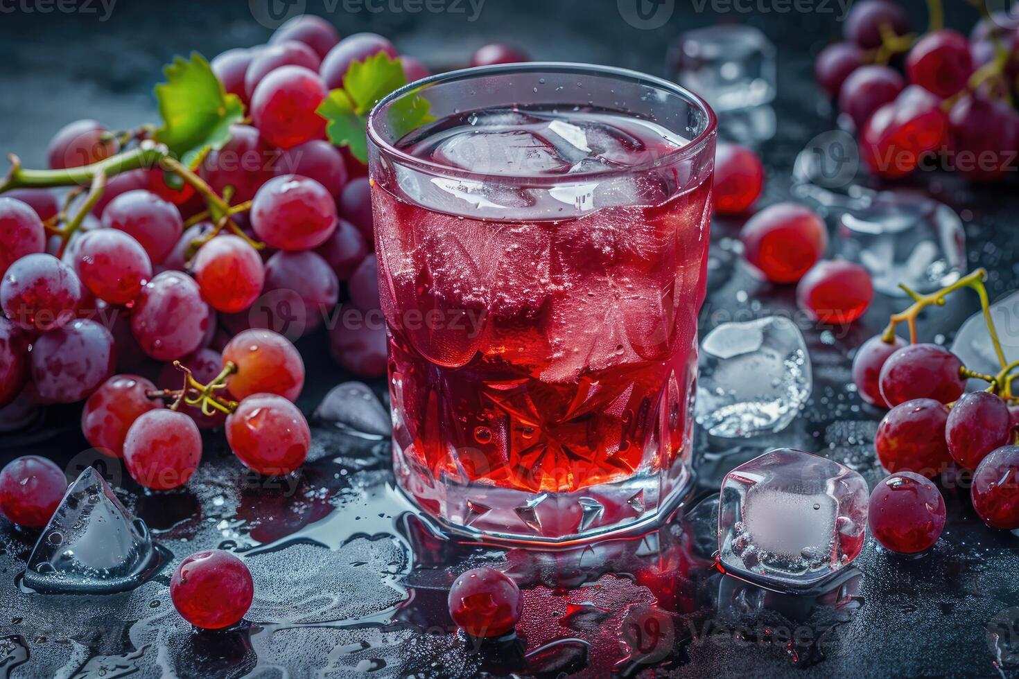 A glass of chilled red grape juice with ice cubes and fresh grapes on a black surface photo