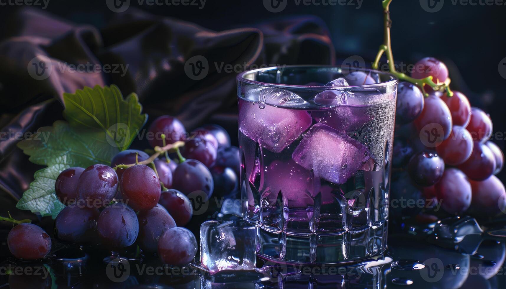 A Glass of Purple Grape Juice with Ice and Fresh Grapes photo