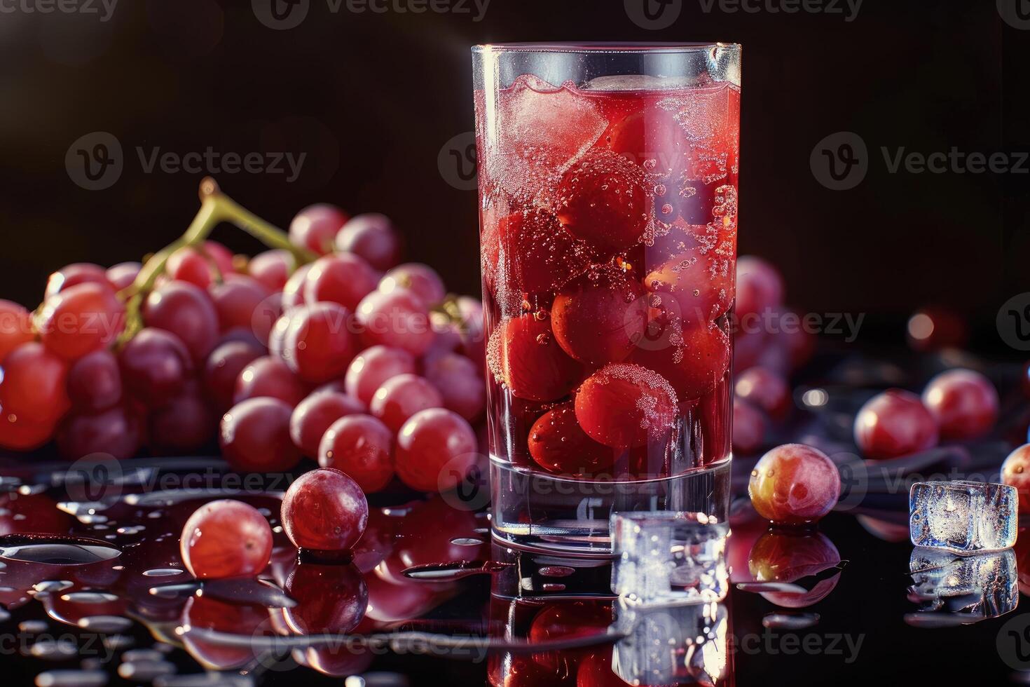 Grape-Infused Sparkling Water with Ice Cubes and Red Grapes photo