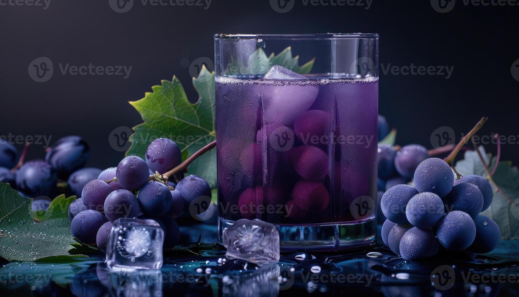Glass of Grape Juice with Grapes and Ice on Dark Background photo