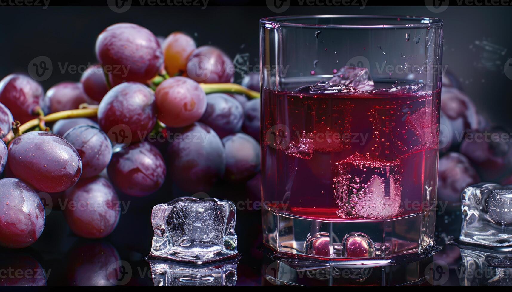 Glass of Grape Juice with Ice Cubes and Grapes photo