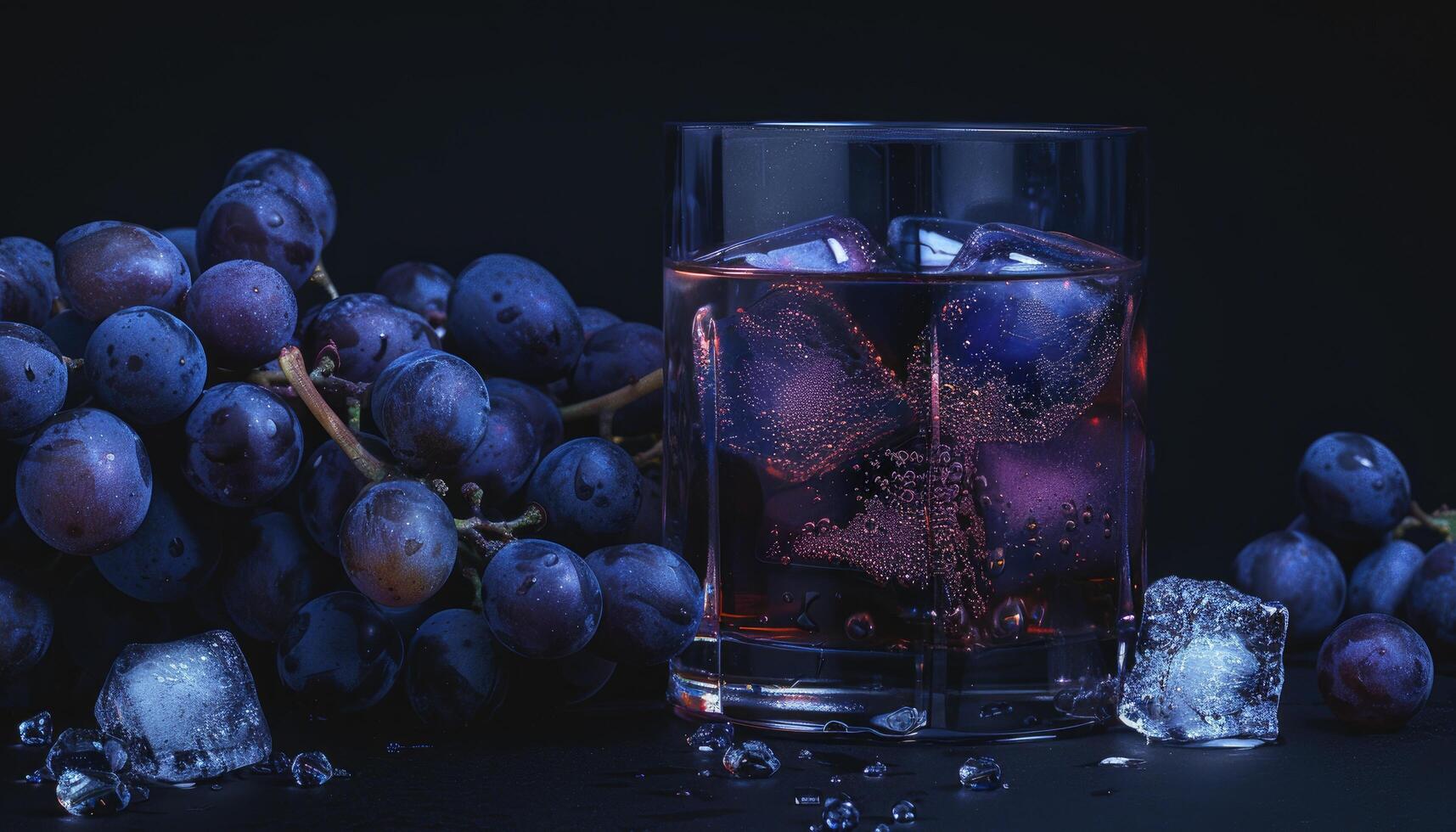 A Glass of Purple Drink with Grapes and Ice Cubes on a Black Surface photo
