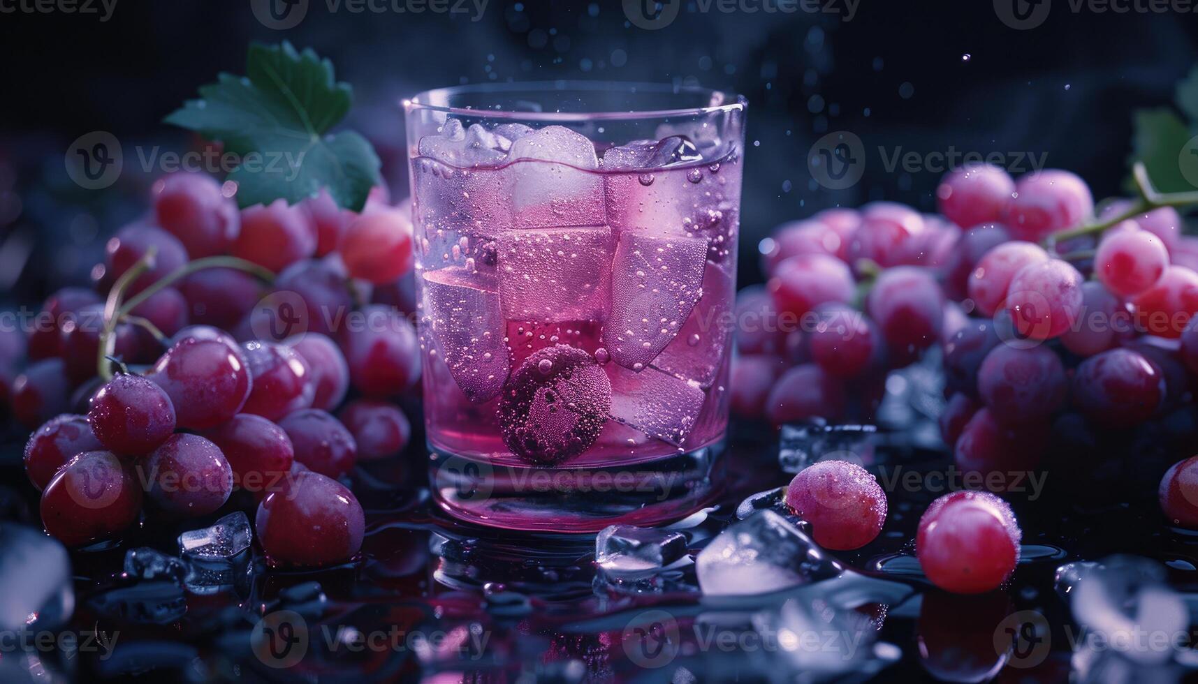 Glass of Grape Soda with Ice and Grapes photo