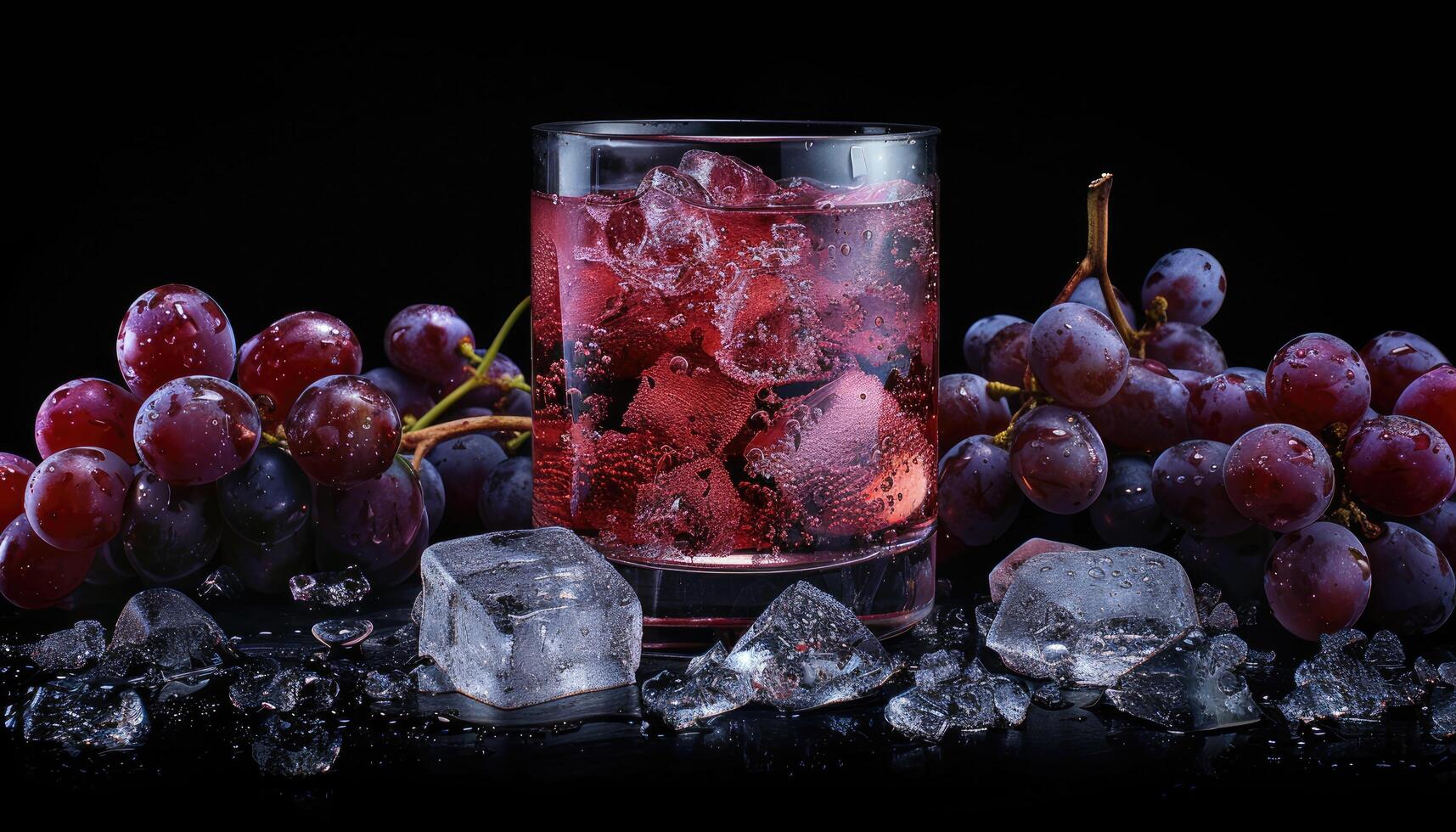 A glass of red grape juice with ice cubes and grapes photo