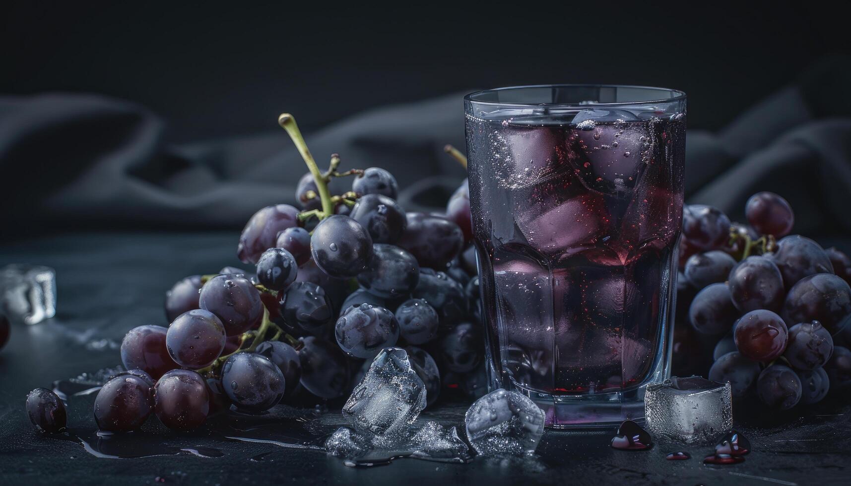 Glass of Grape Juice with Ice Cubes and Grapes photo