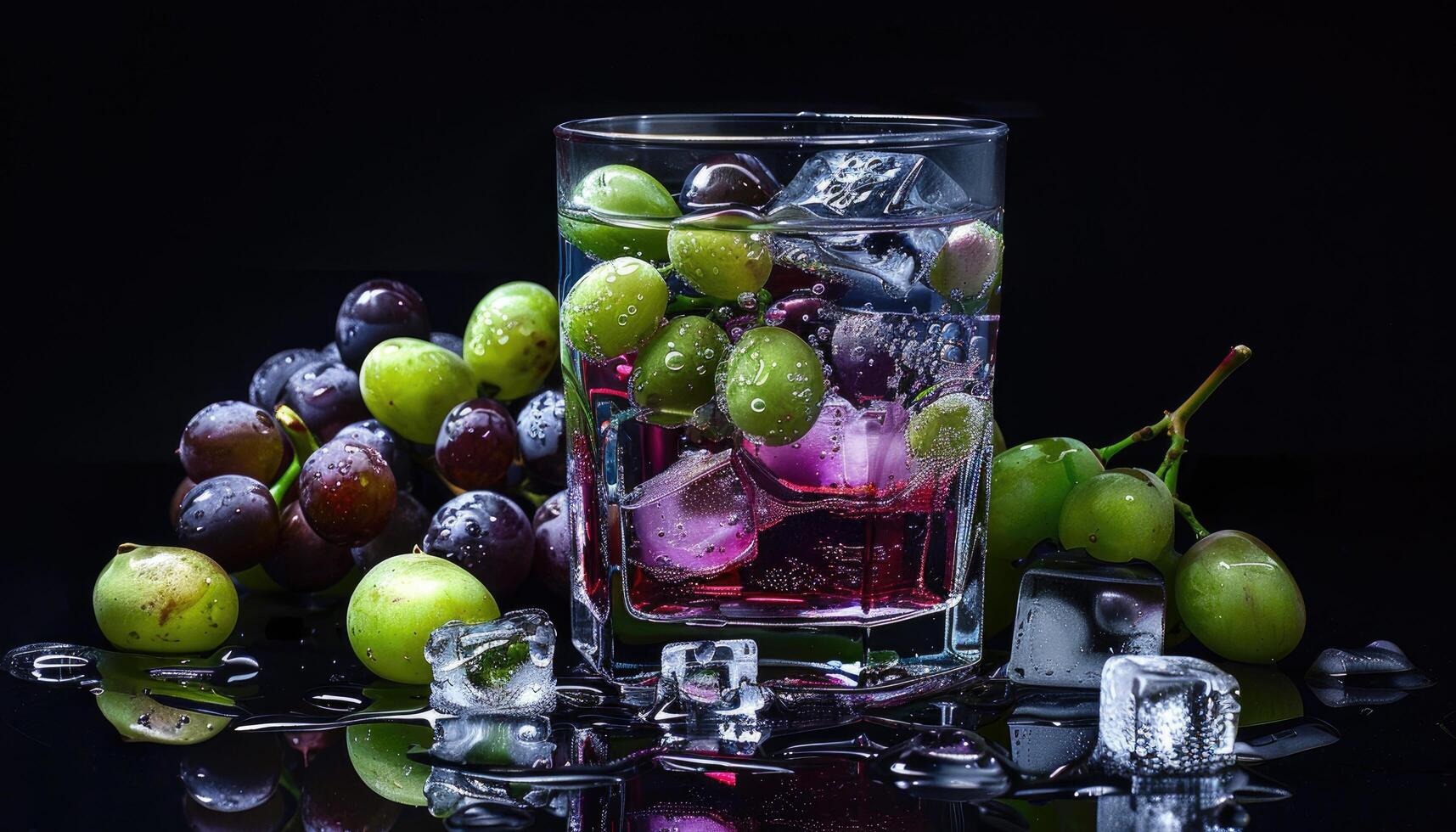 Glass of Grape Juice with Green and Purple Grapes, Ice Cubes, and Water Droplets on a Black Background photo