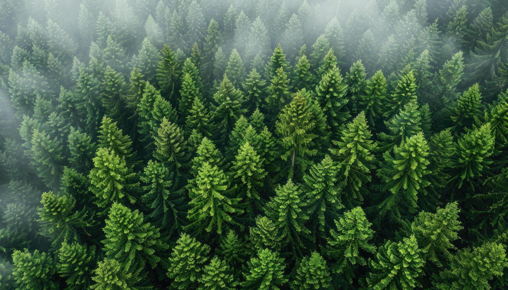 Aerial View of a Dense Evergreen Forest with Mist photo