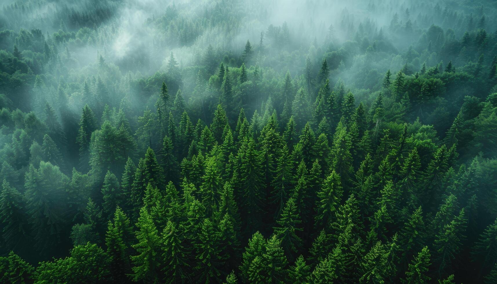 Aerial View of a Dense Evergreen Forest Cloaked in Mist photo