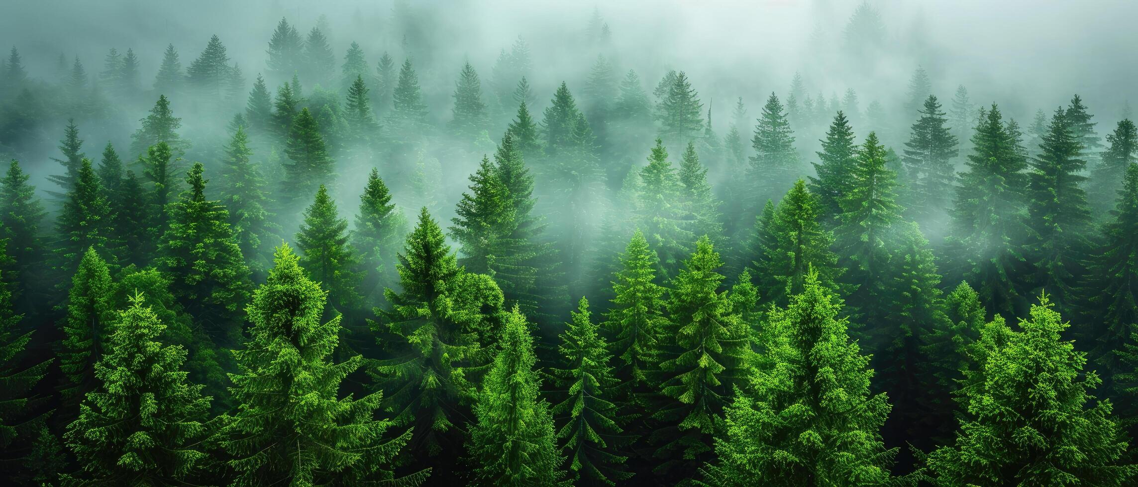 Misty Evergreen Forest Canopy Viewed From Above photo