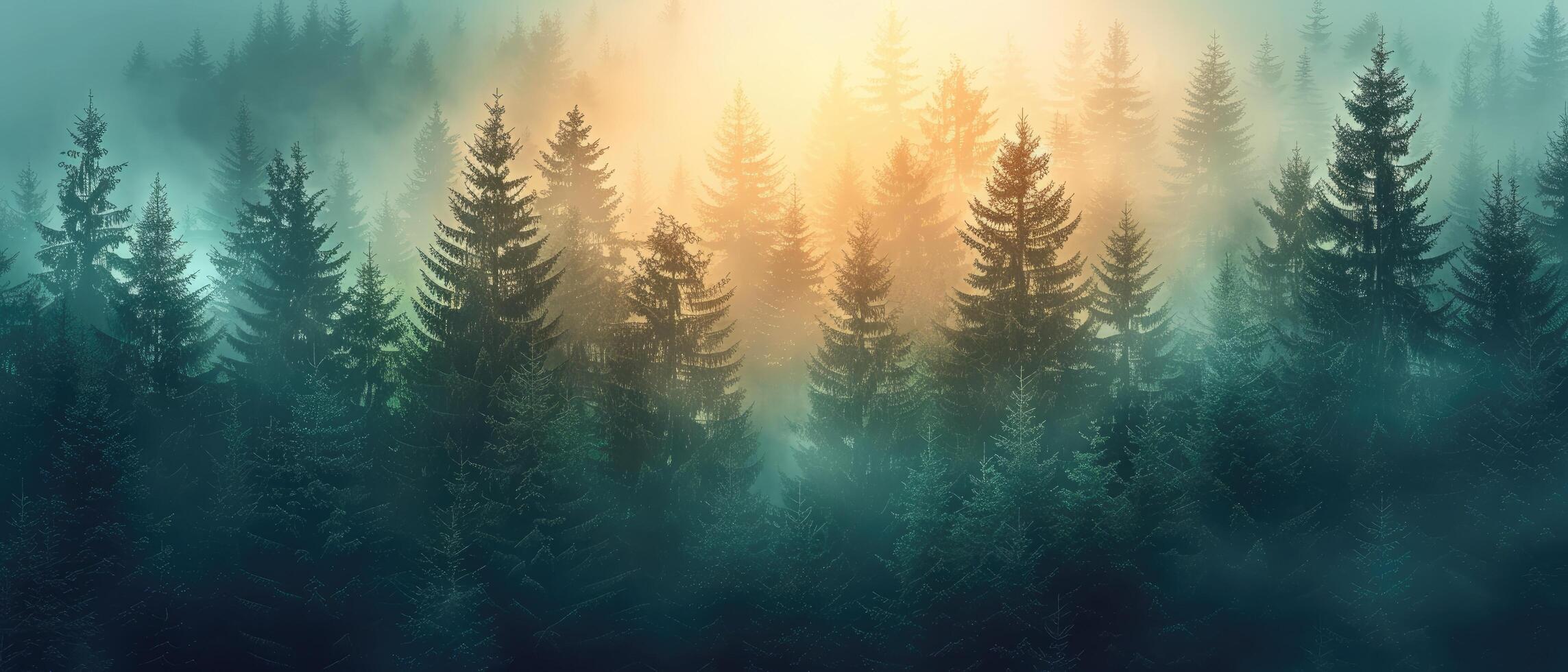 A Mystical Forest Bathed in Golden Light with Foggy Air photo