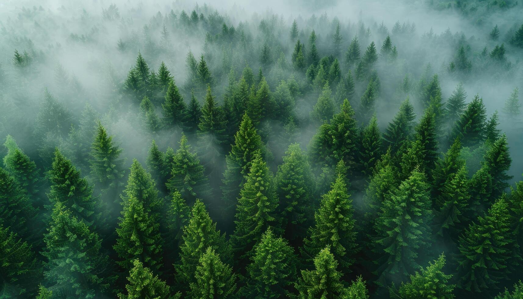 Aerial View of a Dense Evergreen Forest Shrouded in Mist photo