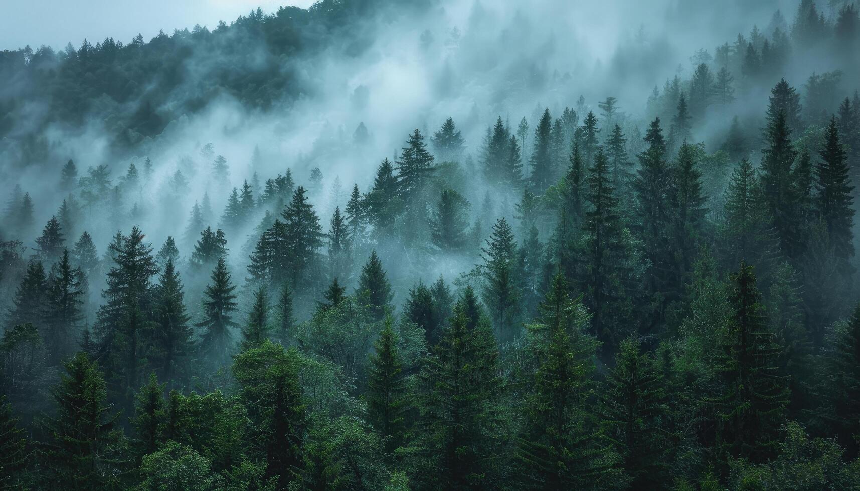 Misty Evergreen Forest with Dense Tree Canopy photo