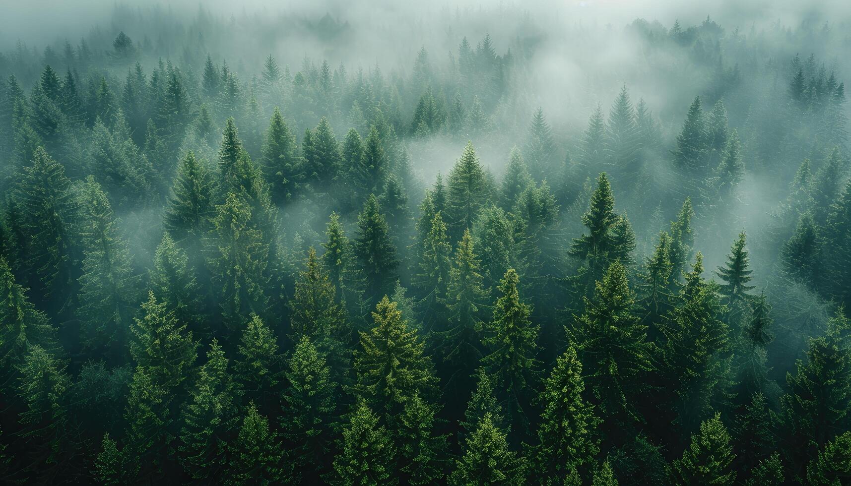 Aerial View of a Dense Evergreen Forest Cloaked in Mist photo