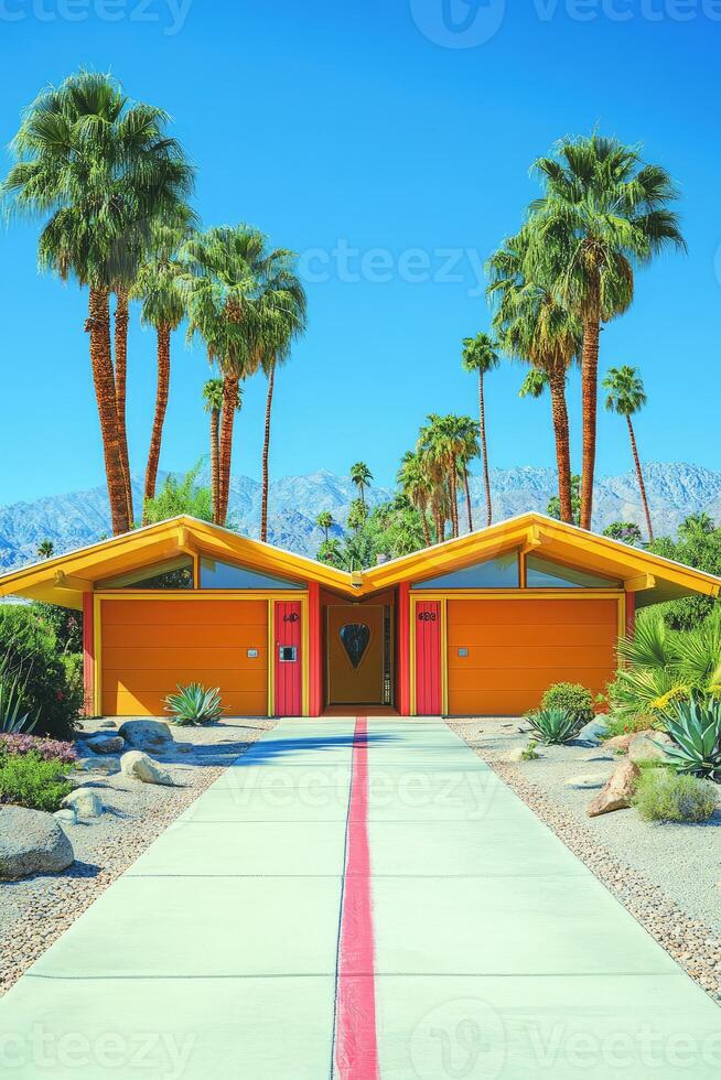 Mid-Century Modern Home with Palm Trees and a Pink Driveway photo