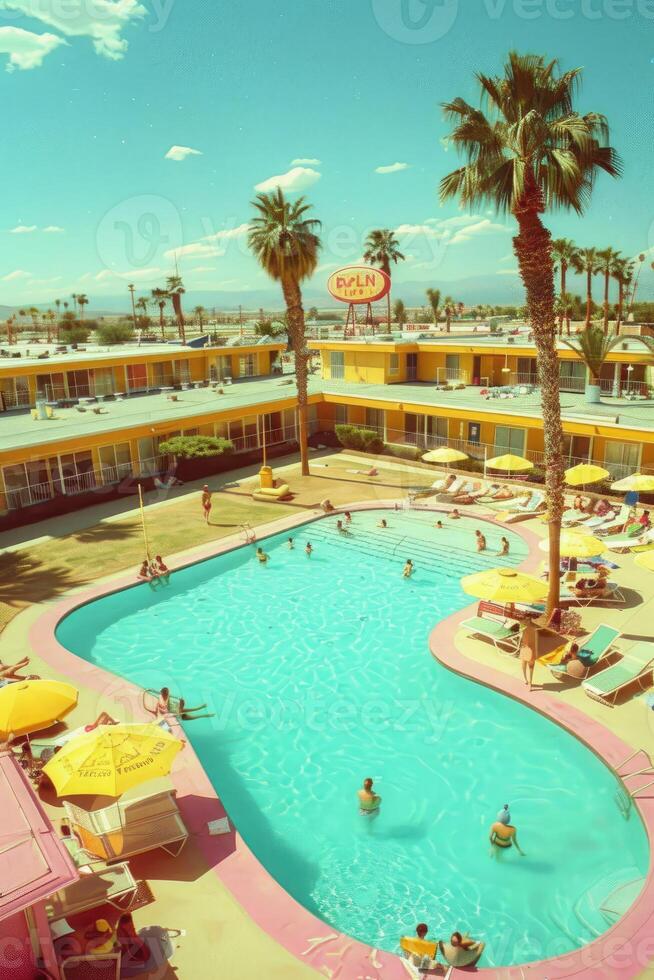 Aerial View of a Retro Poolside Motel with Palm Trees and People Relaxing photo