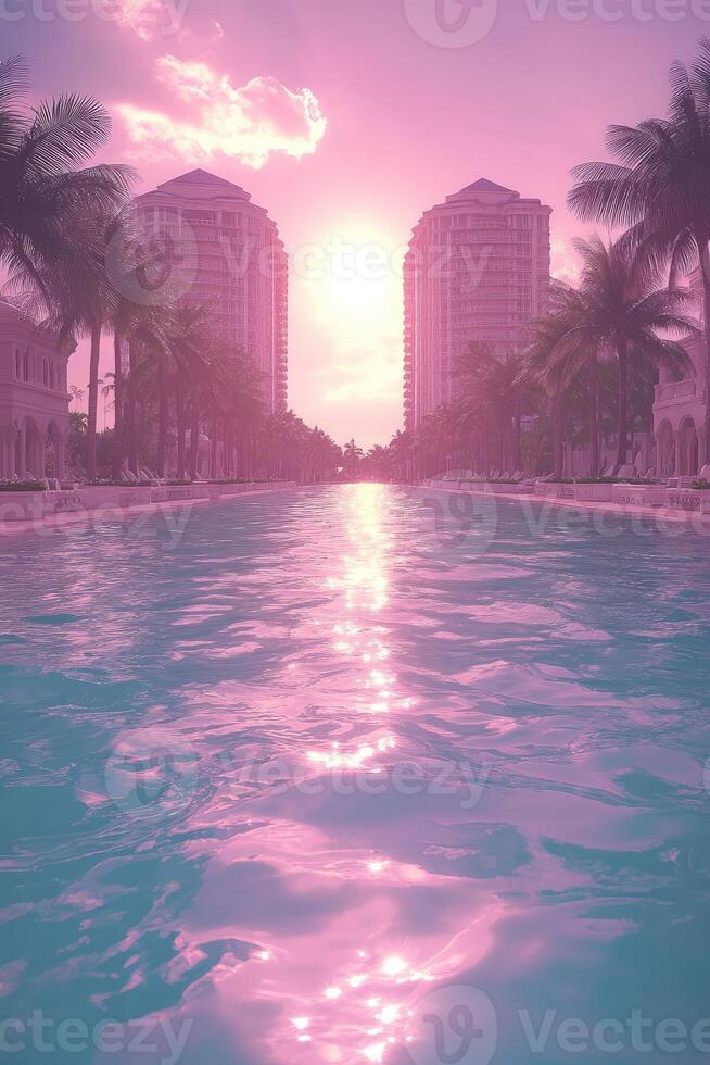 Pink Sunset Over a Calm Pool with Buildings and Palm Trees in the Background photo
