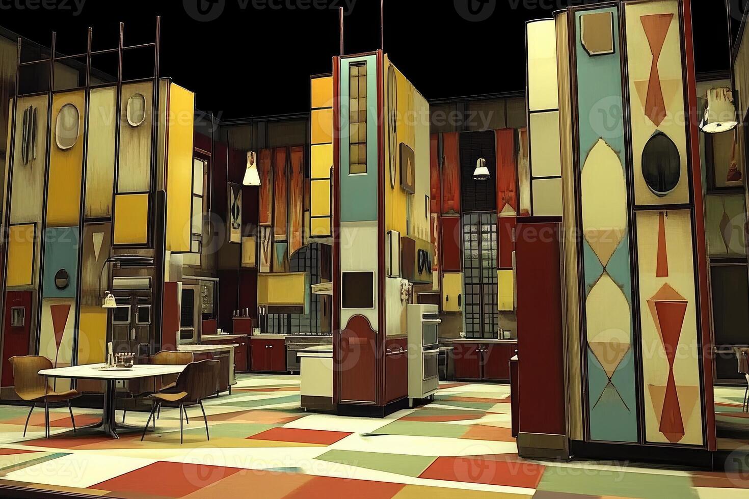 Retro Kitchen with Geometric Walls and Patterned Floor photo