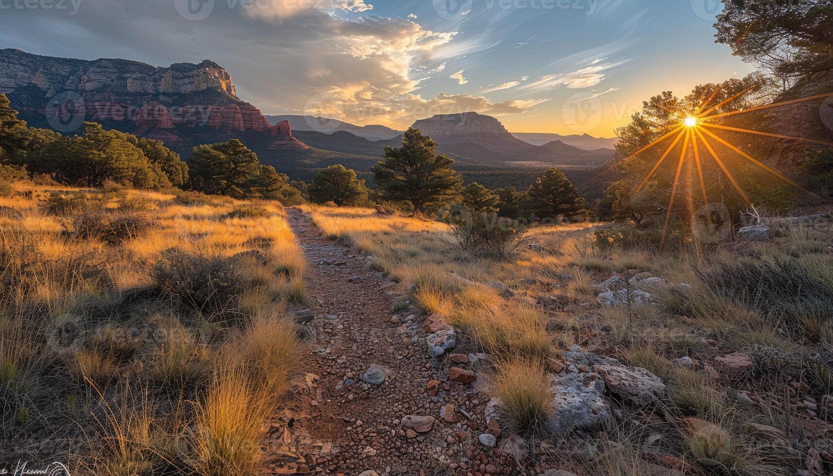 A winding trail through a grassy field leading towards a sunlit mountain range at sunset. photo