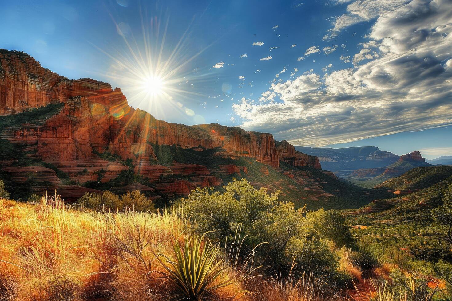 A Mountainous Landscape Bathed in Sunlight photo