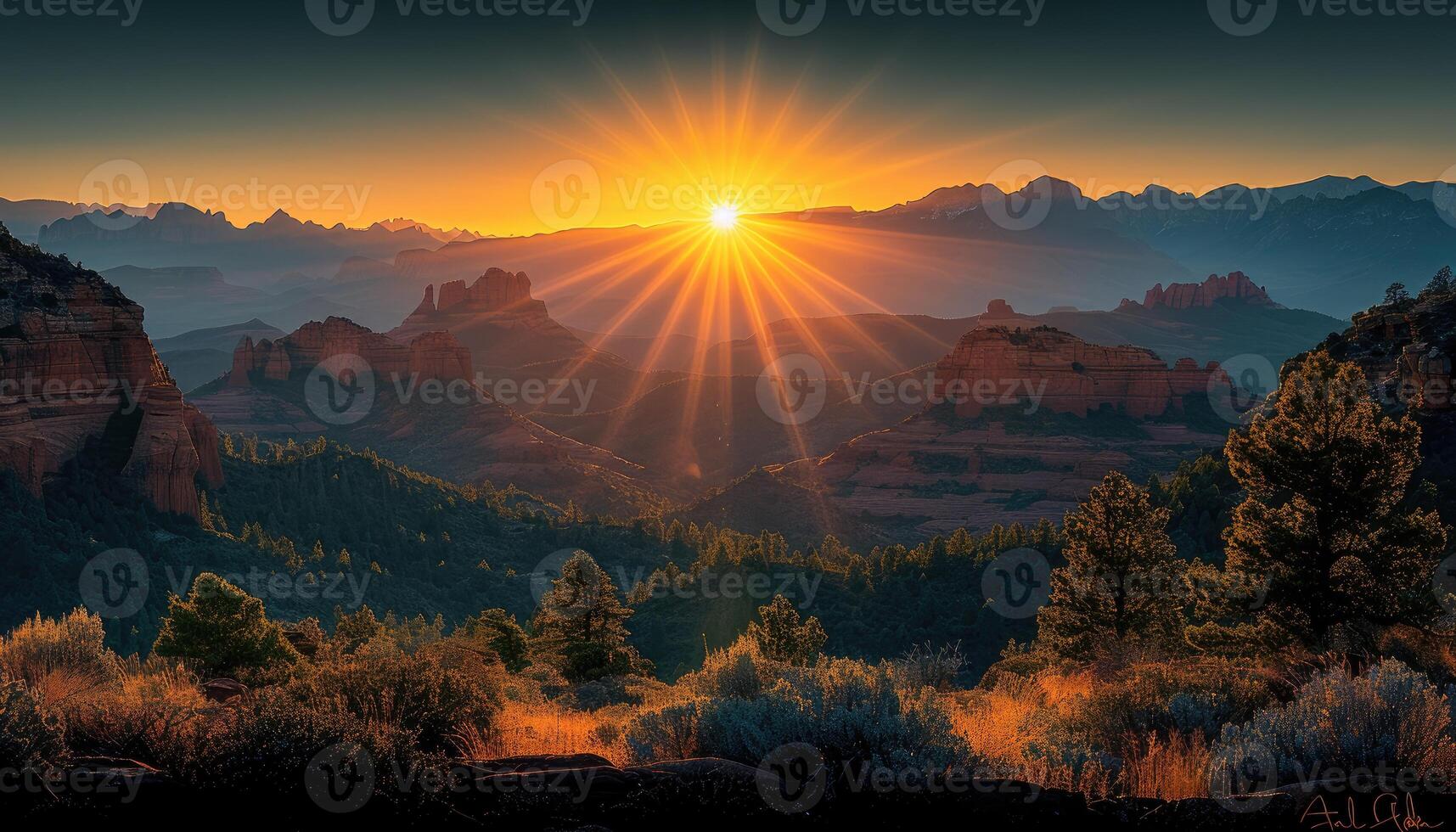 Sunrise Over Red Rock Formations in a Mountain Landscape photo