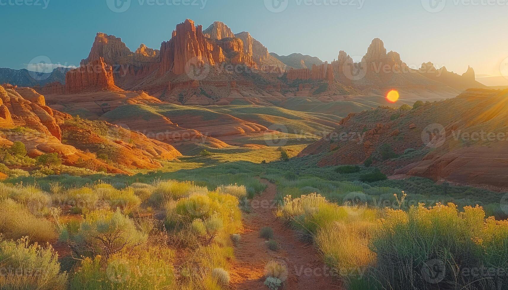 A Rugged Trail Winding Through a Desert Landscape at Sunset photo