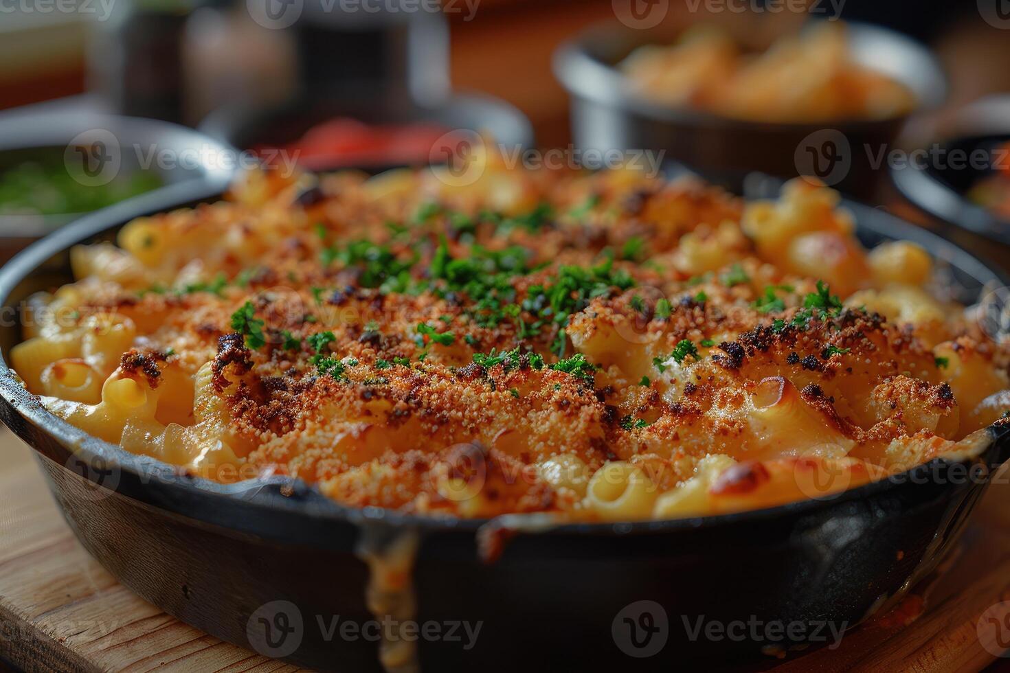 Close-up of Mac and Cheese with Parsley Garnish in a Black Skillet photo
