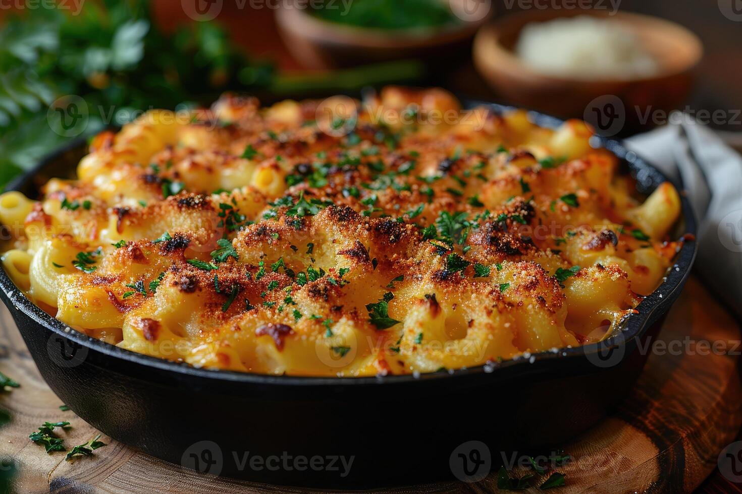 Golden Mac and Cheese with Parsley Garnish in Cast Iron Dish photo
