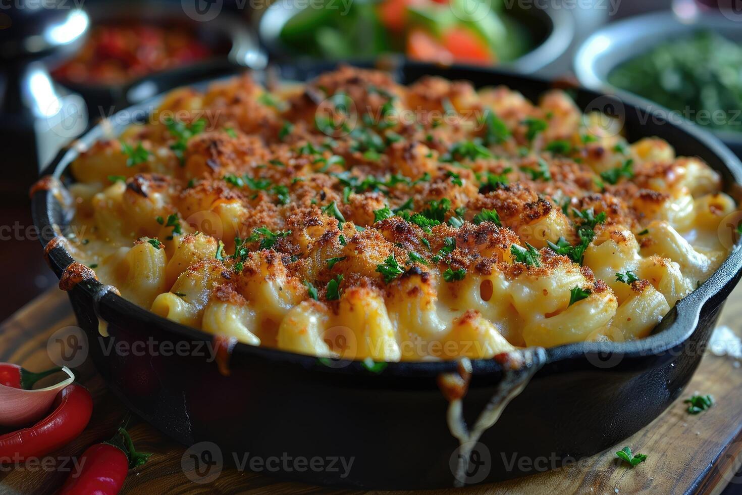 Close-up of Creamy Mac and Cheese with Toasted Breadcrumbs and Parsley in a Cast Iron Dish photo