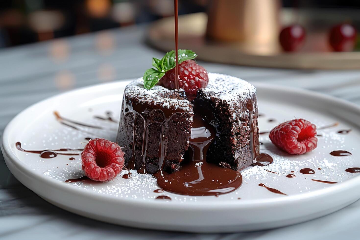 Chocolate Lava Cake with Raspberry Garnish and Drizzled Chocolate Sauce photo