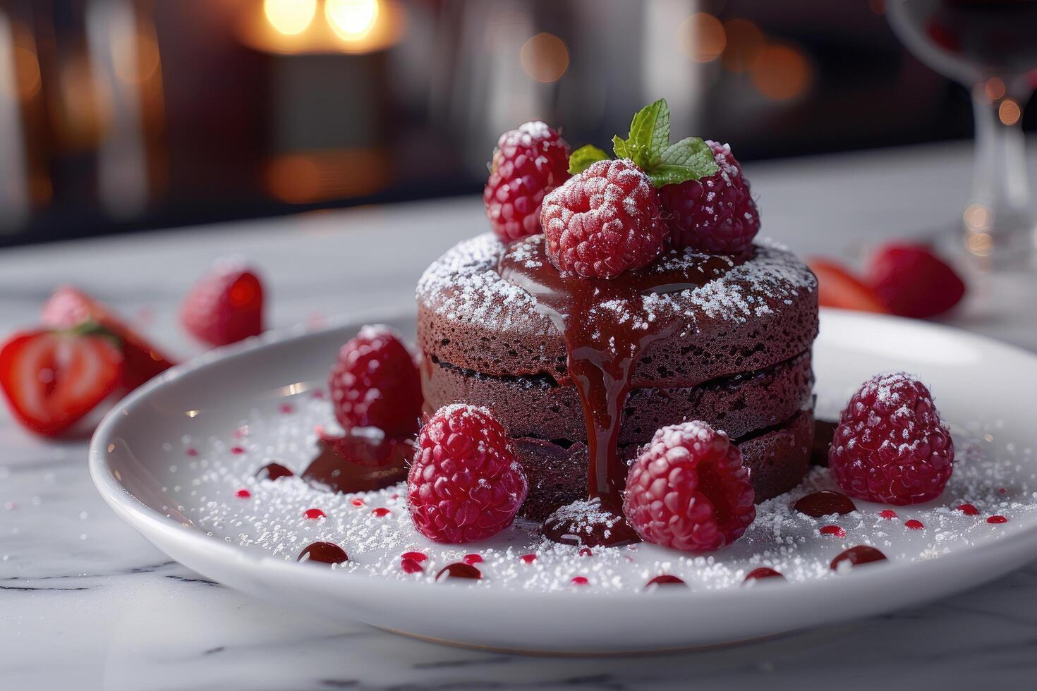 Chocolate Lava Cake with Raspberries and Powdered Sugar photo