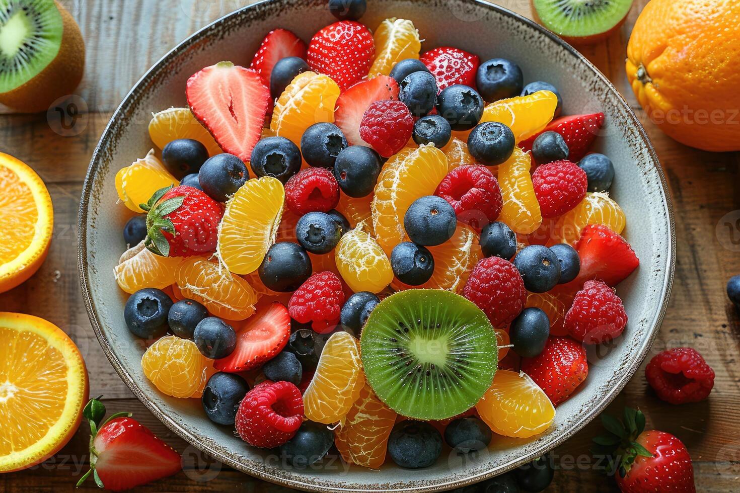 A Bowl of Fresh Fruit Salad with Strawberries, Blueberries, Raspberries, Kiwi, and Mandarin Oranges photo