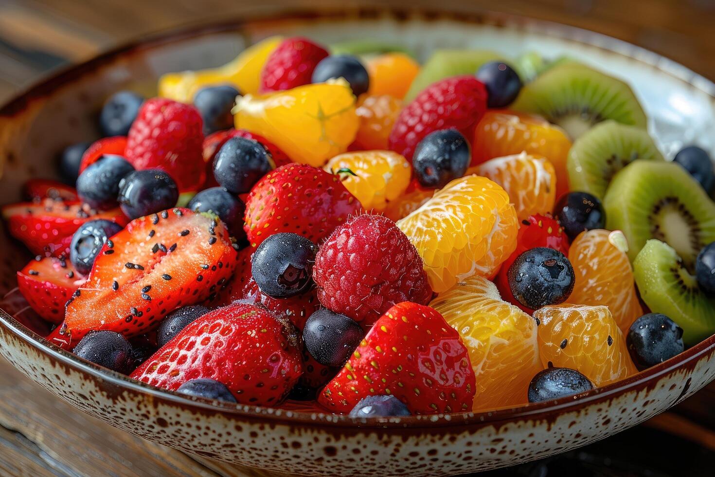 Fresh Fruit Salad with Strawberries, Raspberries, Blueberries, Oranges, and Kiwi photo