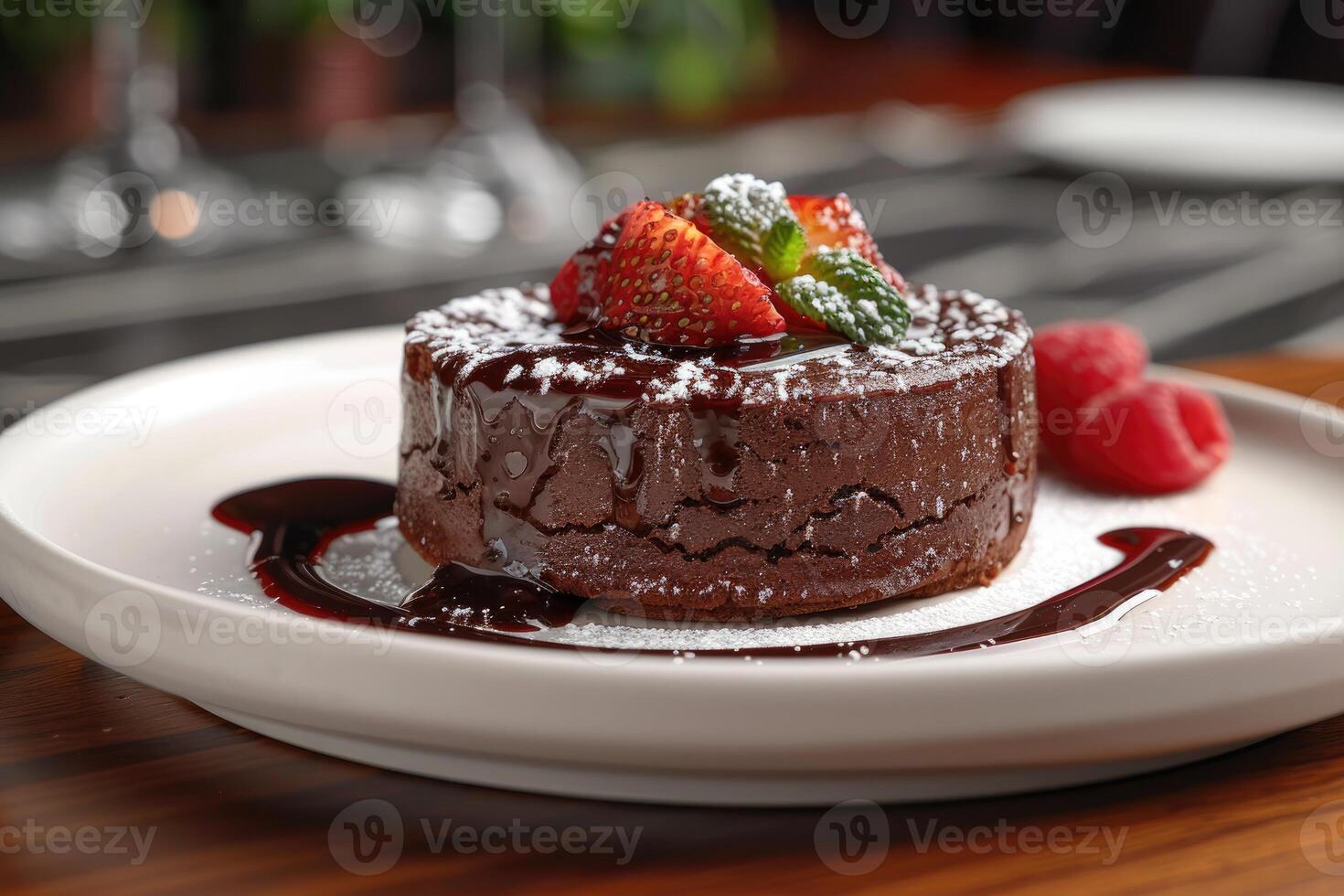 Chocolate Lava Cake with Strawberries, Mint, and Powdered Sugar photo