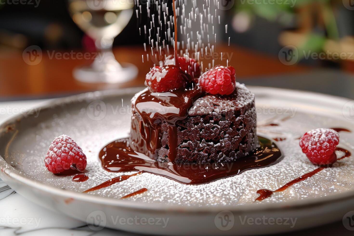 Chocolate Lava Cake with Raspberries and Powdered Sugar Drizzle photo