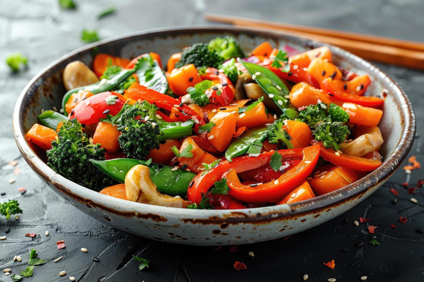 Bowl of Colorful Stir-Fried Vegetables with Cashews and Sesame Seeds photo
