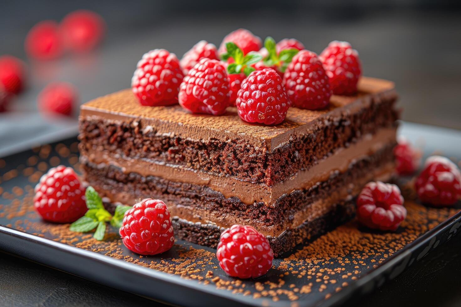 Chocolate Cake with Layers of Frosting and Fresh Raspberries photo