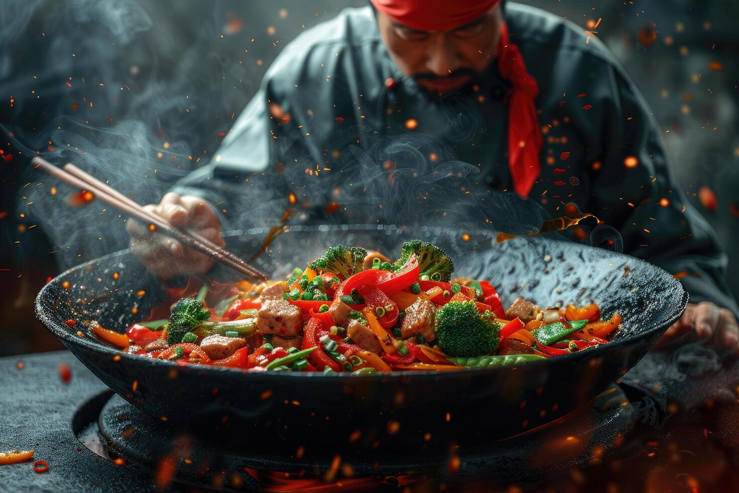 Chef Stir-Frying Vegetables and Meat in a Wok with Smoke and Sparks photo