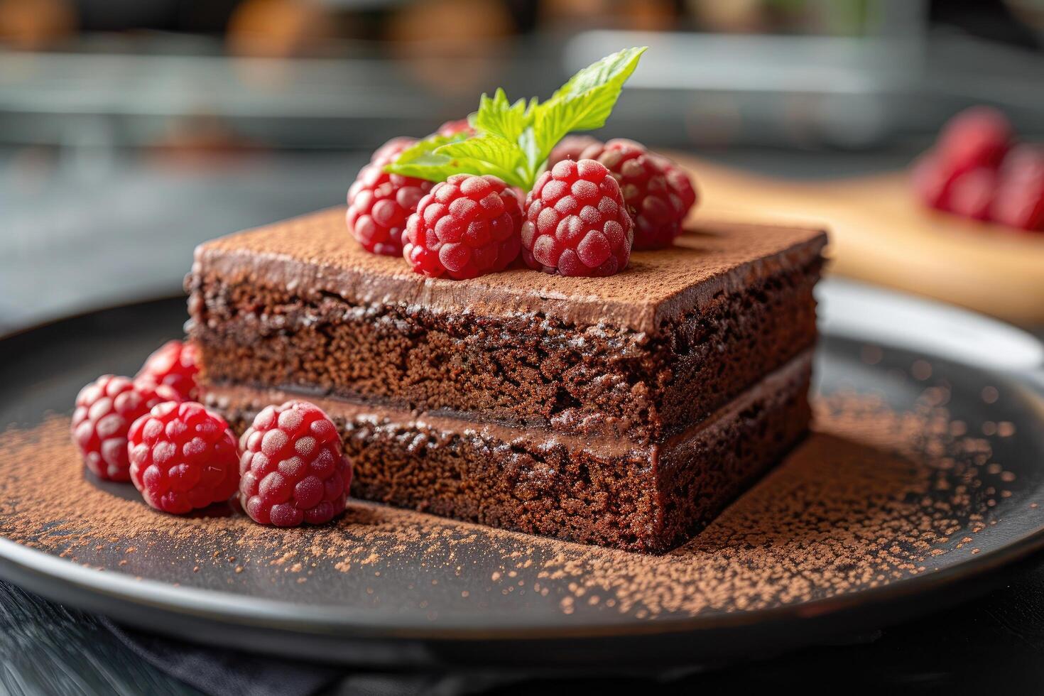 Double Layer Chocolate Cake with Raspberries and Cocoa Powder photo