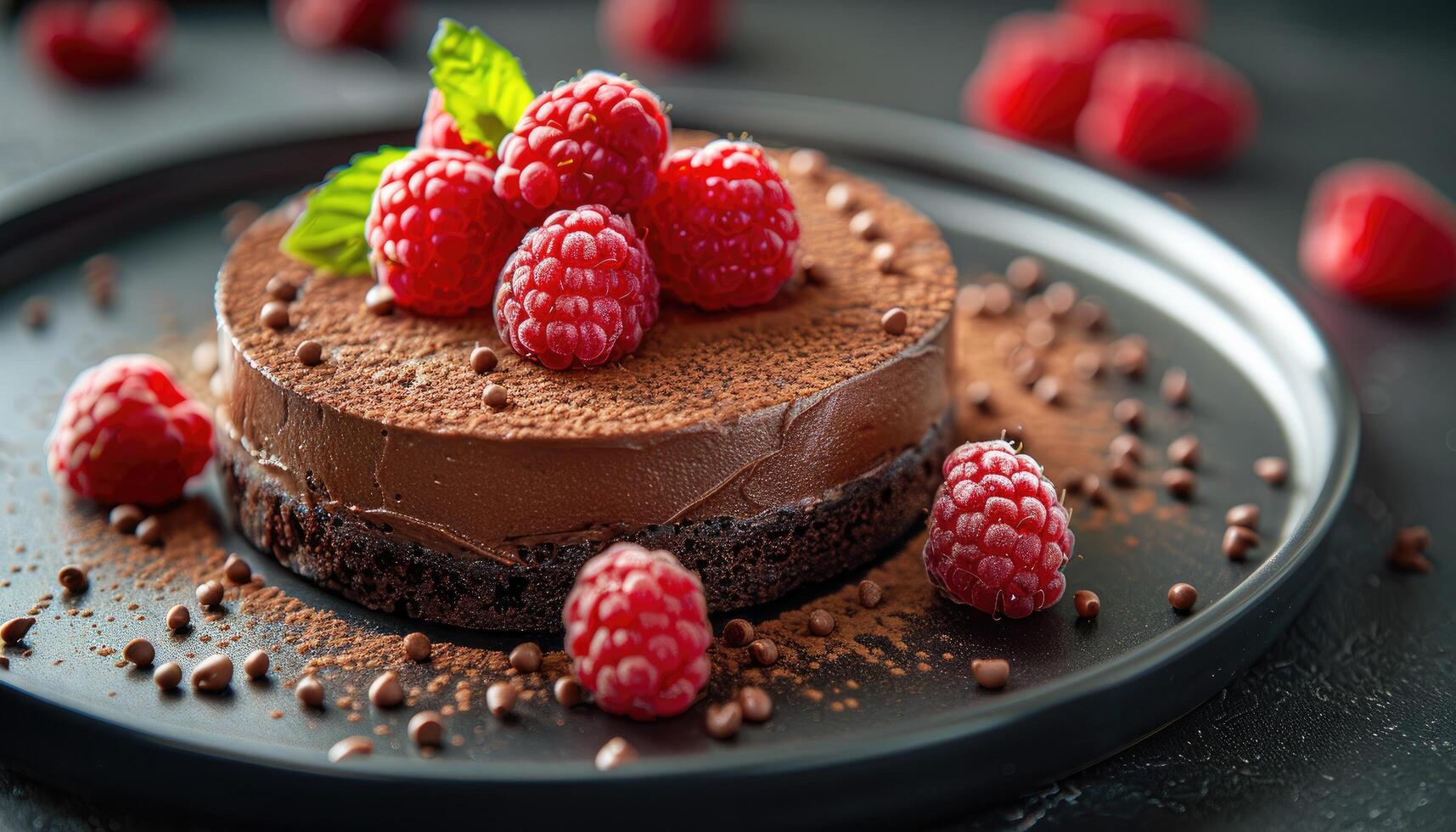 Chocolate Cake with Raspberries and Cocoa Powder on a Black Plate photo