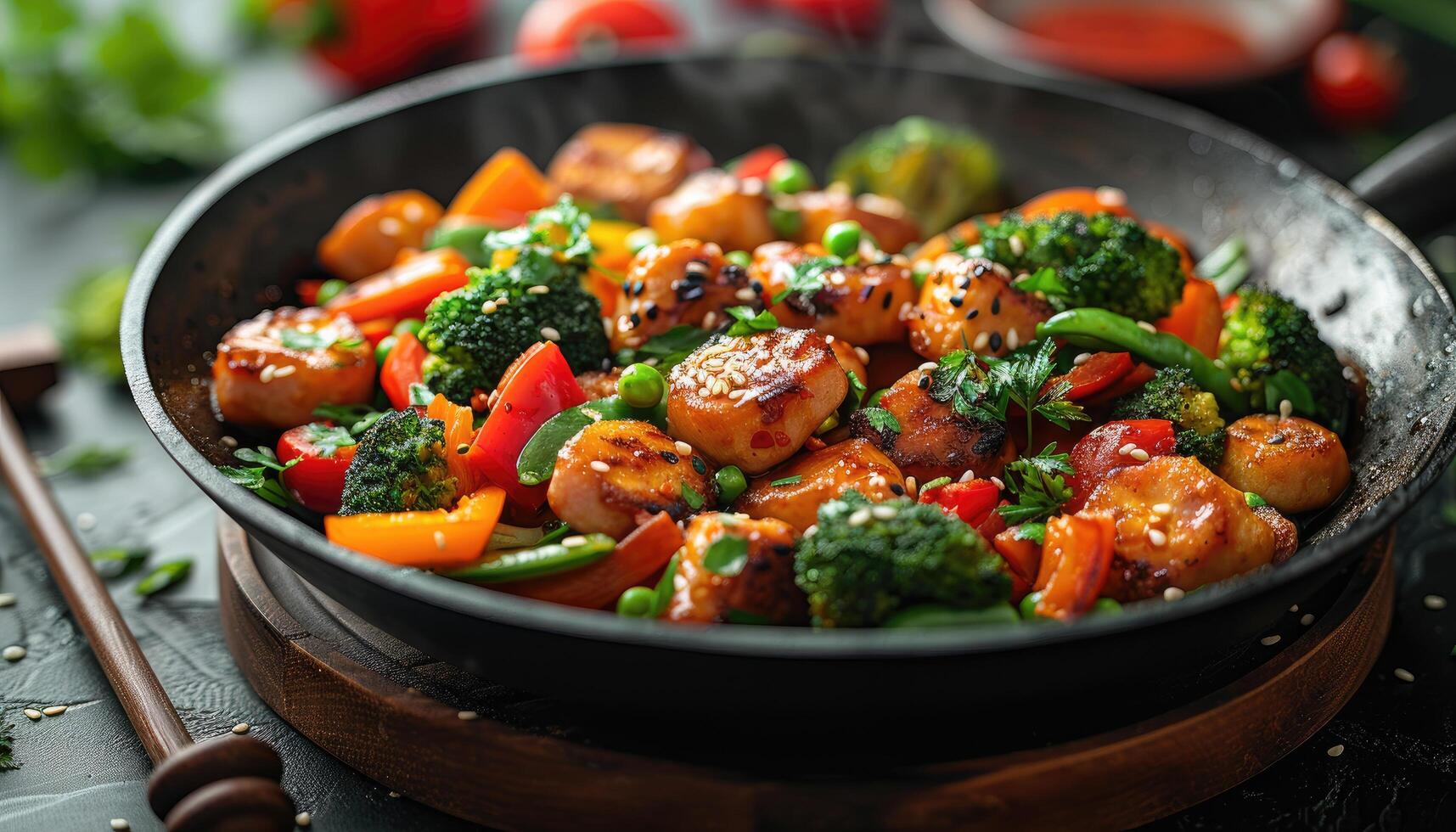 Steaming Chicken and Vegetable Stir Fry in a Black Wok photo