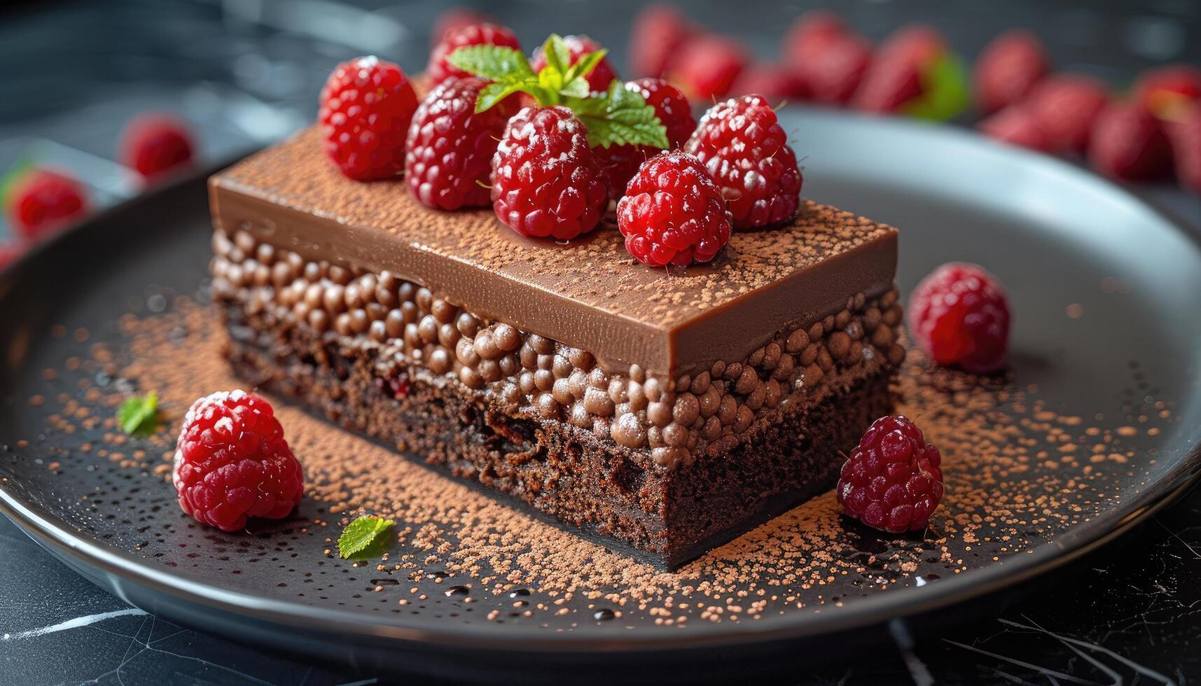 Chocolate Cake with Raspberry Topping and Mint Garnish photo